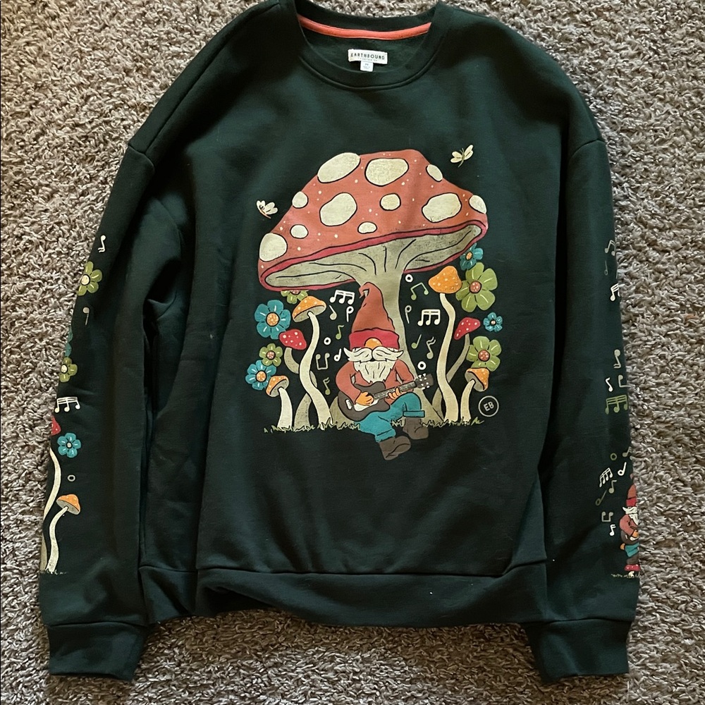 Caterpillar Gnome and Mushroom Sweater - Forest Green